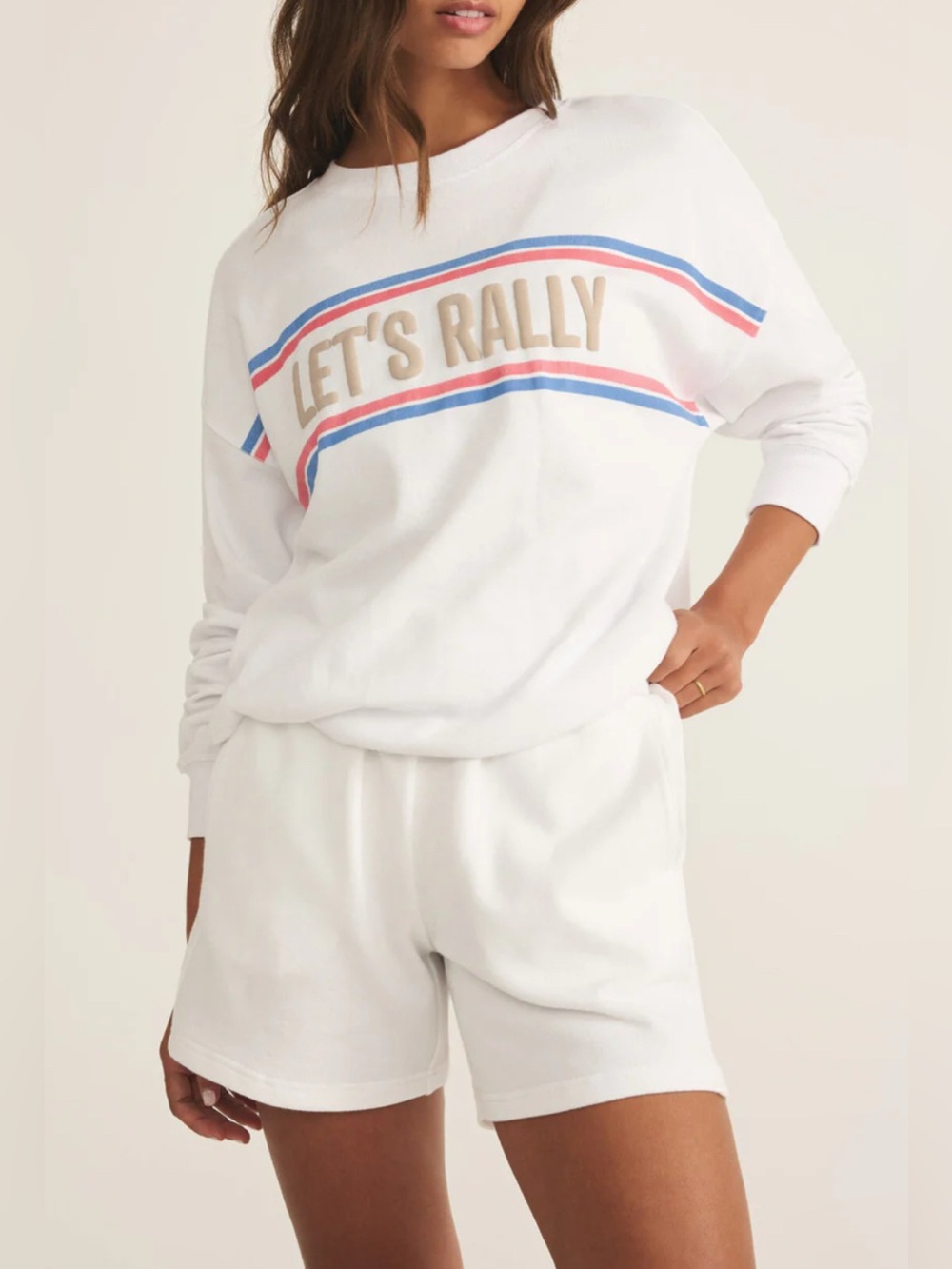 Z Supply Active Let's Rally Script Sweatshirt White Pink Blue Crewneck Size S